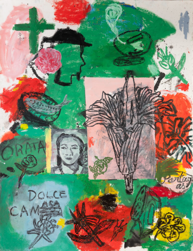 Orata, 2025, screen-printing ink, acrylic, oil, oil stick on paper, 147 × 114 cm