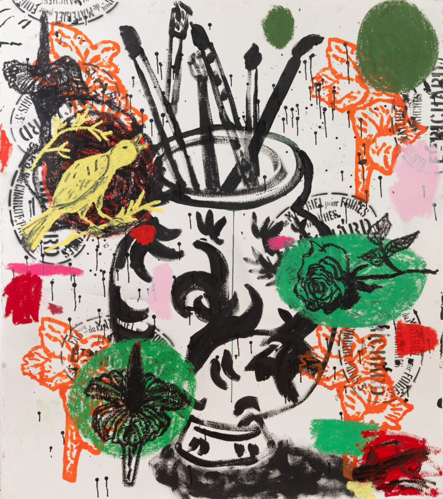 Brushes and Flowers, 2025, screen-printing ink, acrylic, oil, oil stick on paper, 130 × 114 cm