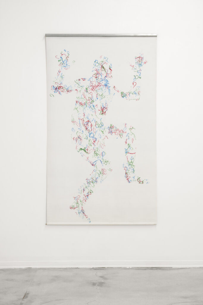 Jingle Man, 2025, Acrylic on curtain, aluminum, stainless steel, 195 × 115 cm