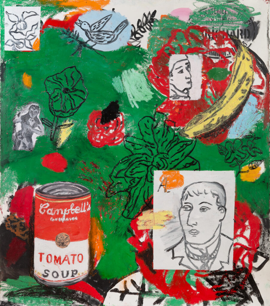 Tomato Soup, 2025, screen-printing ink, acrylic, oil, oil stick on paper, 130 × 114 cm